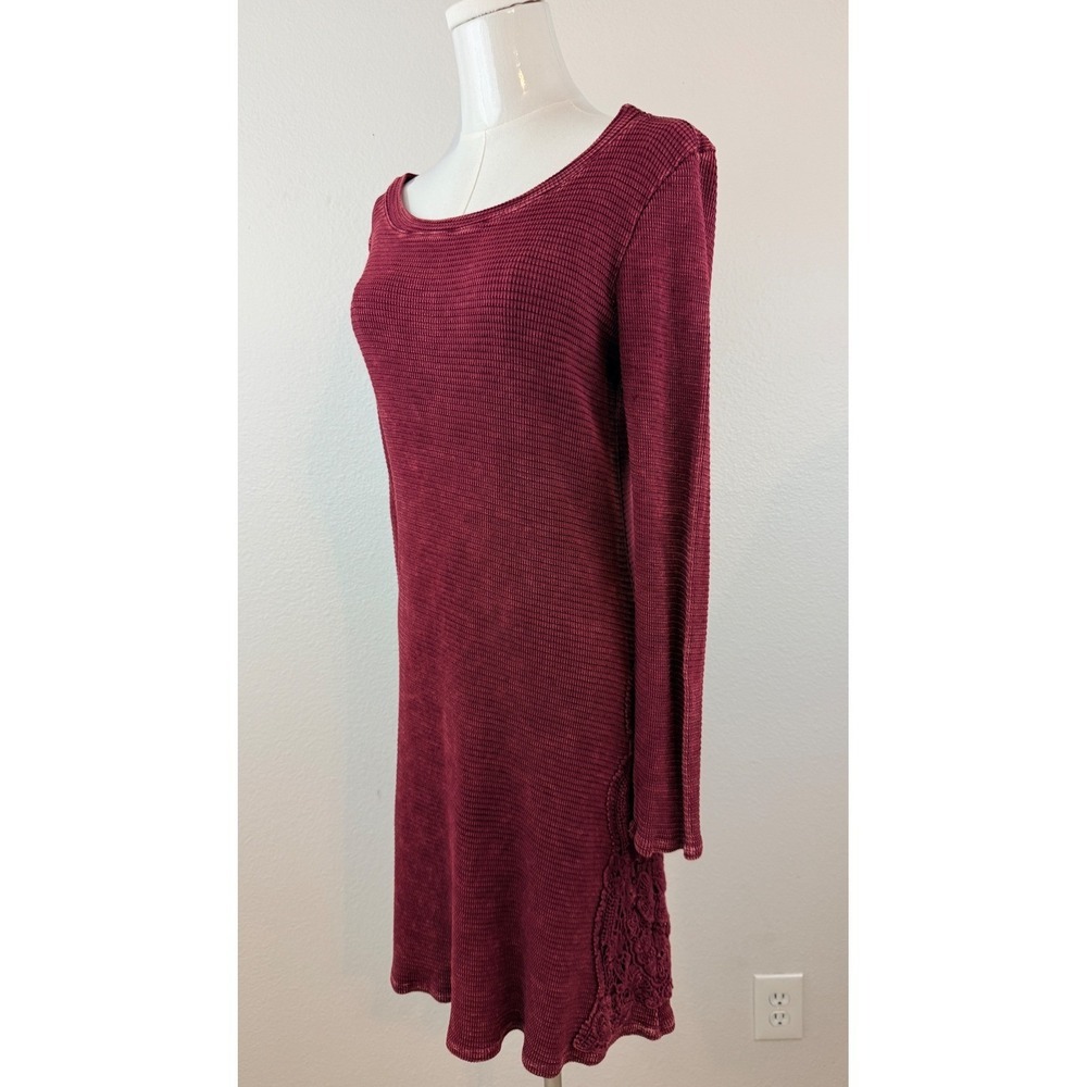 Able Boho Cottagecore Maroon Waffle Knit Crochet Trim Long Sleeve Mini Dress S - Picture 8 of 11